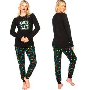 TIPSY ELVES Get Lit Holiday Graphic 2 pc PJ Pajamas Set, Black M NWT